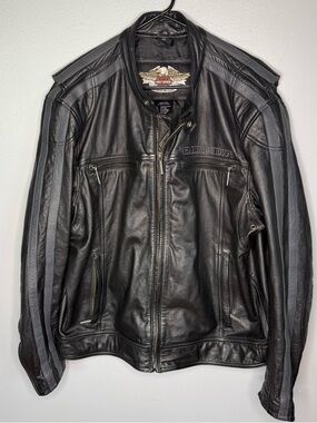 Harley-Davidson Black Leather Jacket with Gray Stripe Panels